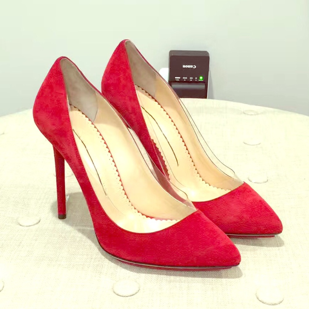 Charlotte Olympia Party Monroe Suede Pumps PVC tri - Picture 2 of 5